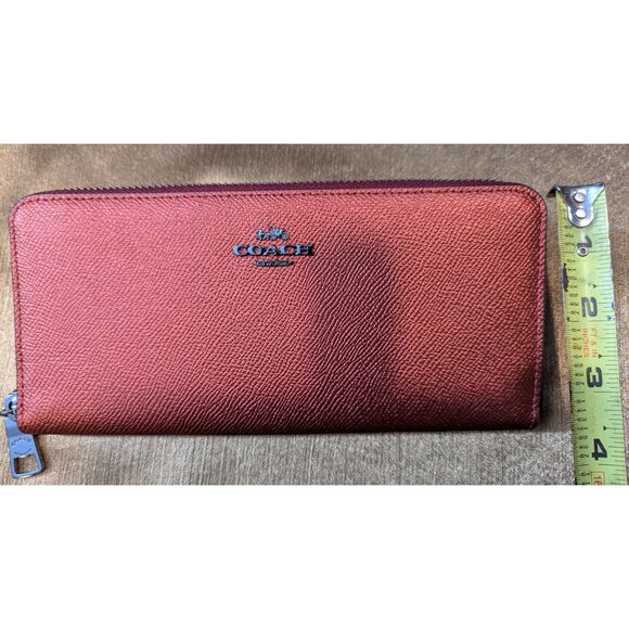 Coach Accordion Zip Wallet Metallic Red Crossgrain Leather Gunmetal Logo - Picture 3 of 9